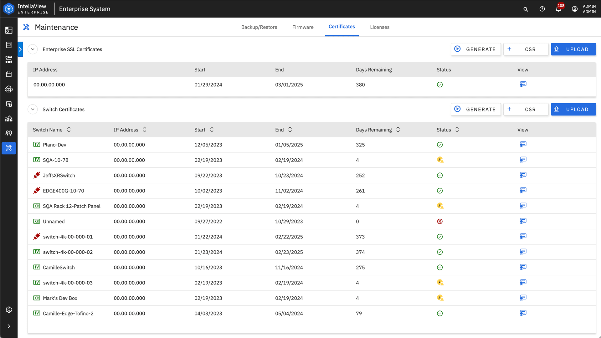 The maintenance Manager interface