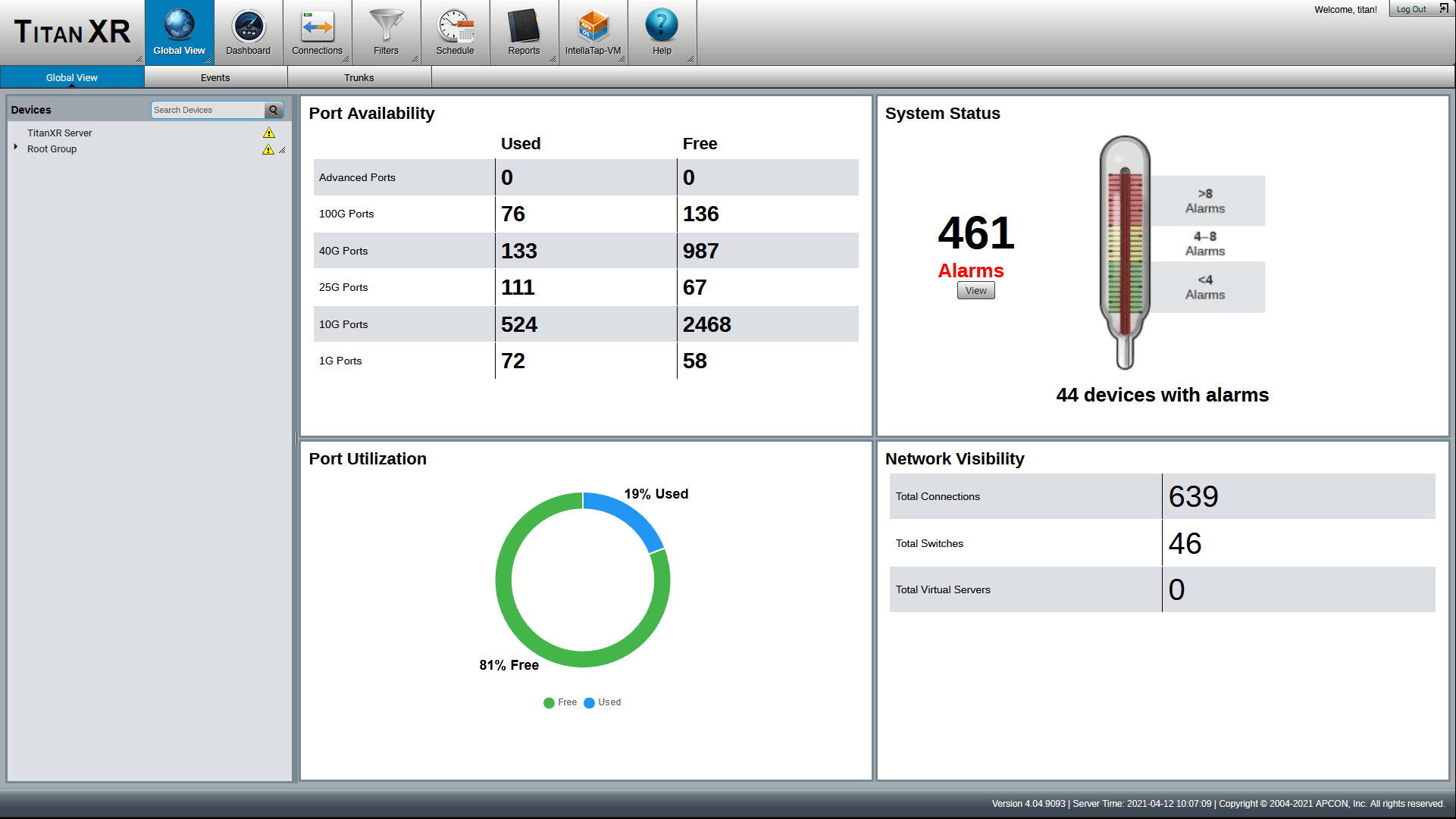 The APCON TITAN dashboard with IntellaTap-VM.