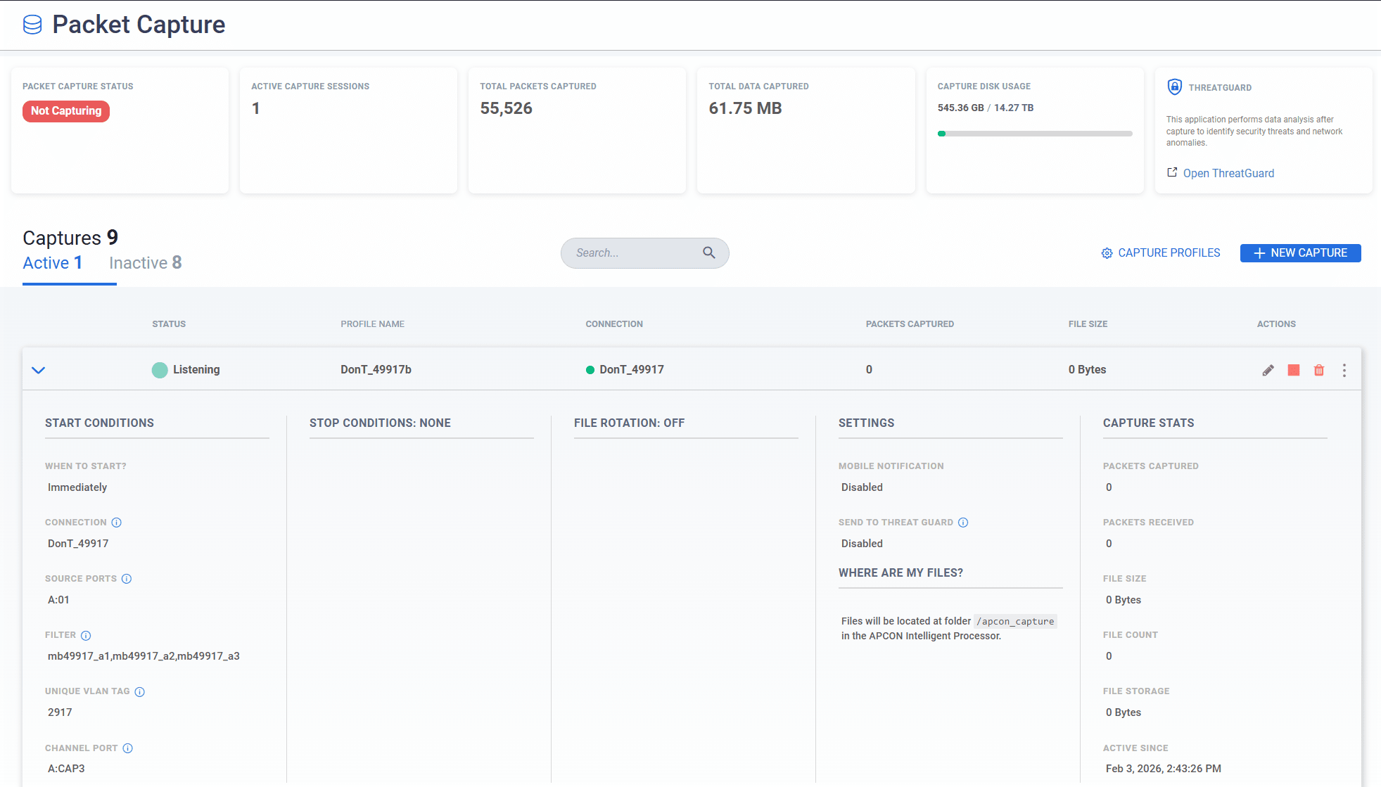 IntellaStore IV packet capture and data storage dashboard