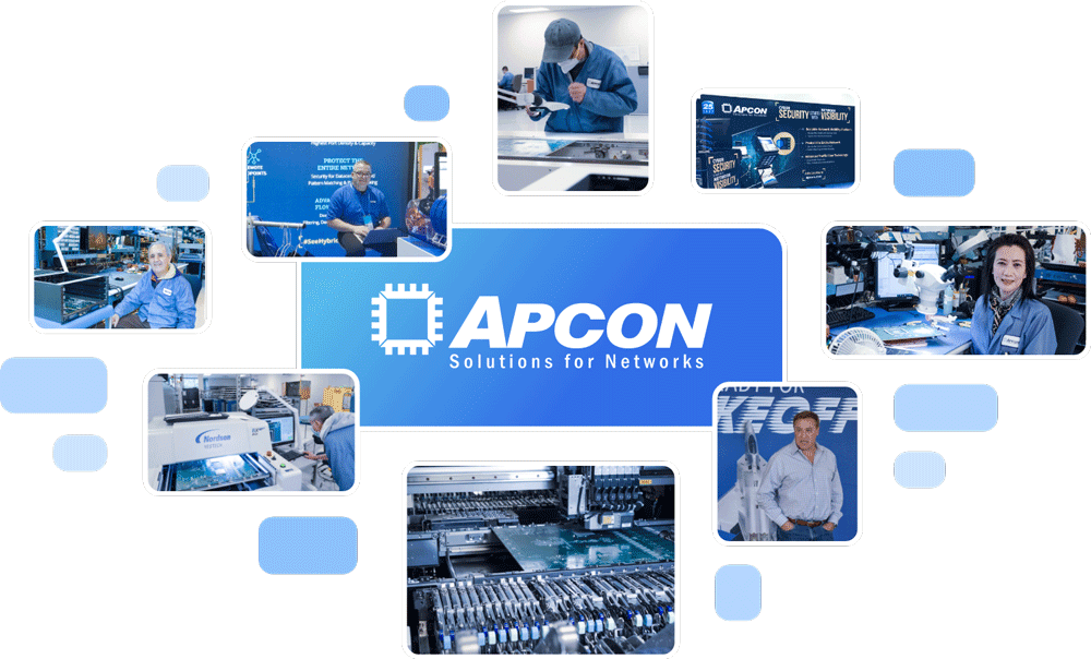 Pictures of APCON employees organized in a cloud-like shape.