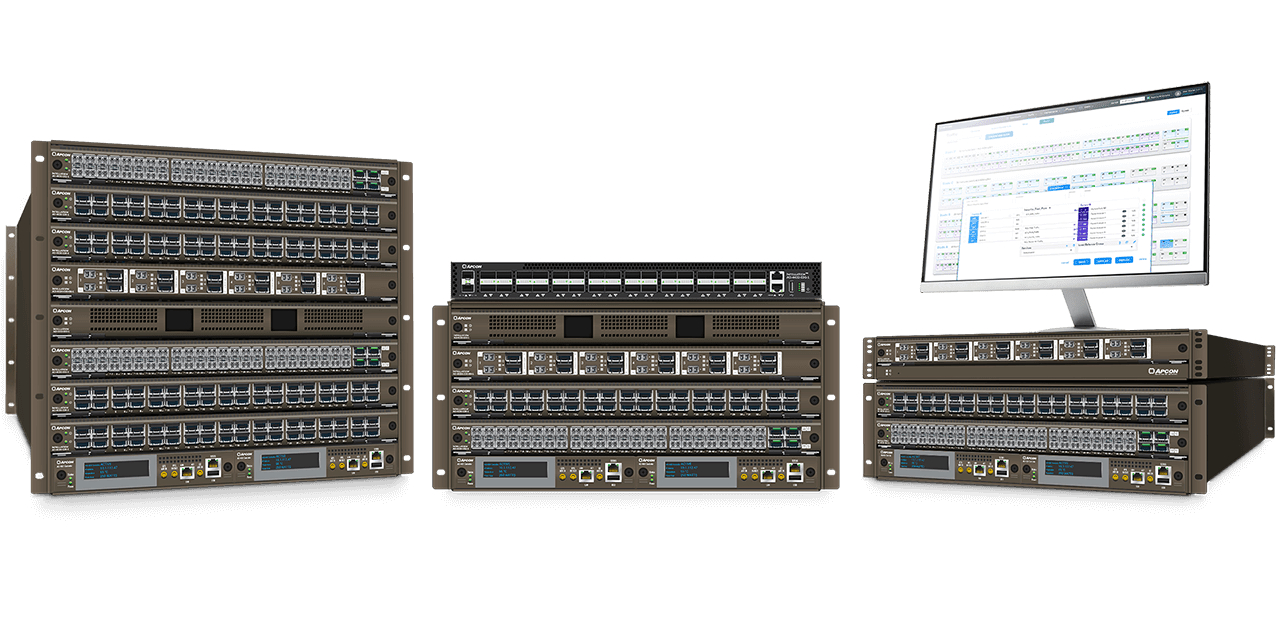 An IntellaView 9RU, 5RU, and 3RU chassis each filled with various blades