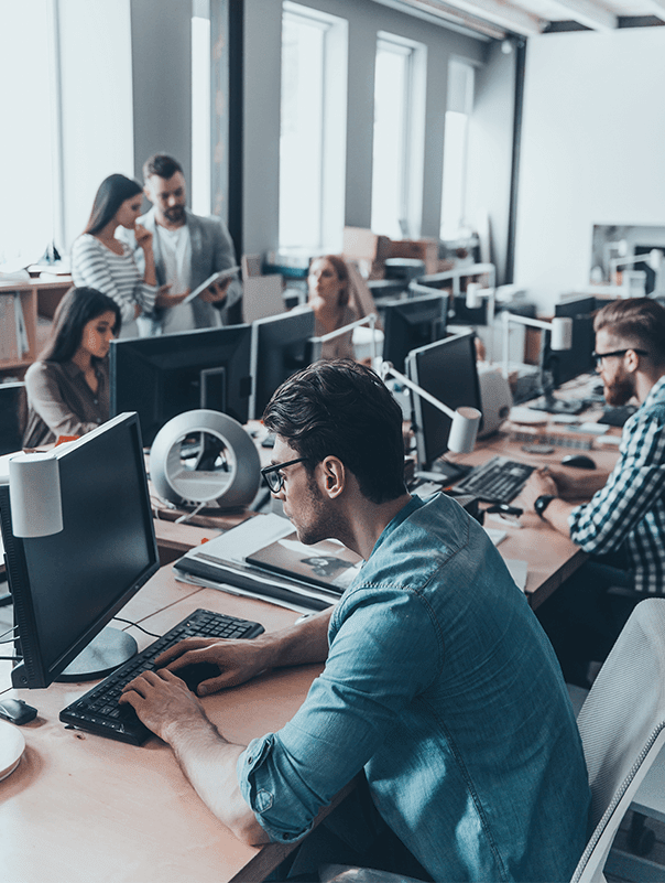 A busy support team in an open office.