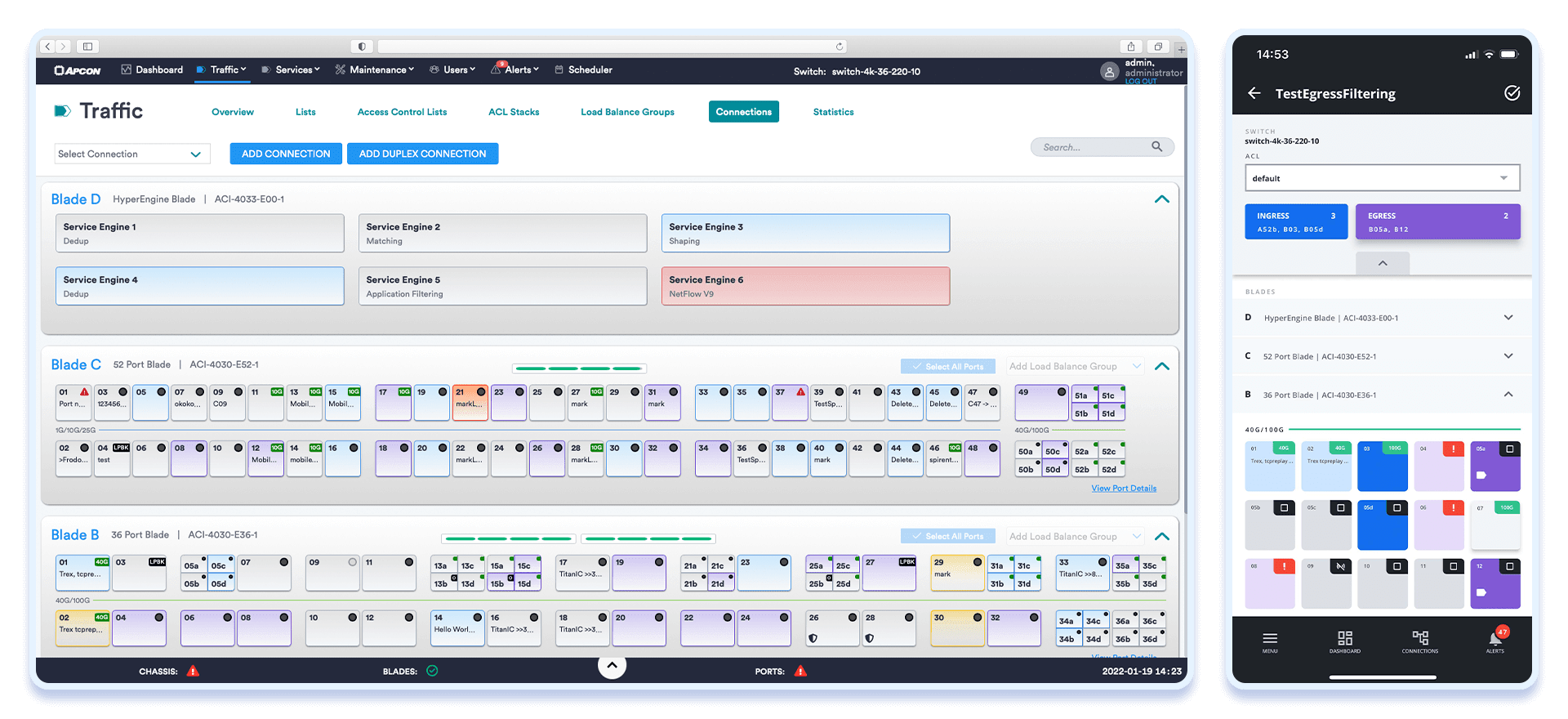 The IntellaView desktop application and IntellaView mobile app next to each other displaying the same Connections interface.