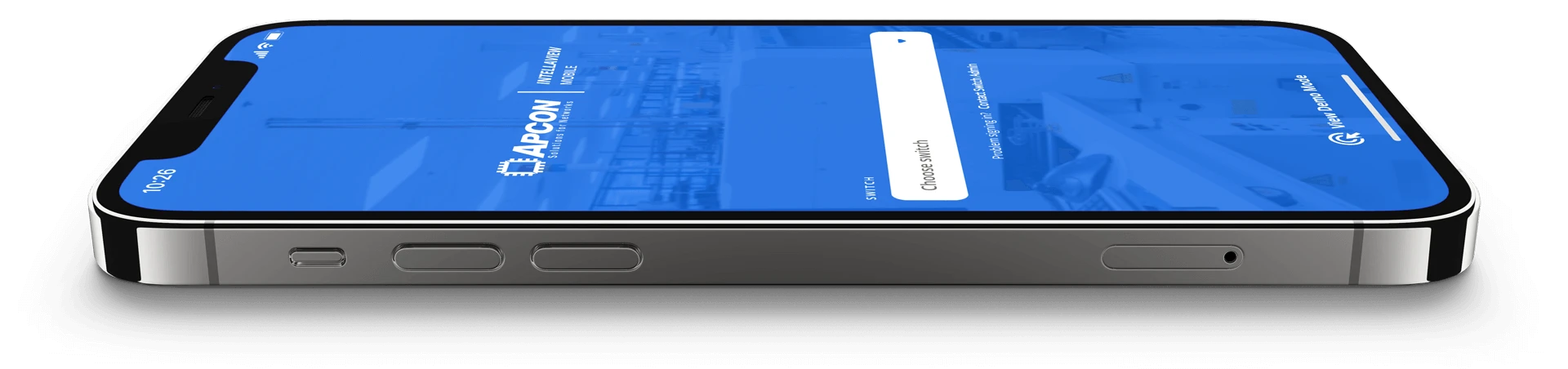 A phone on its side displaying the IntellaView Mobile login screen.