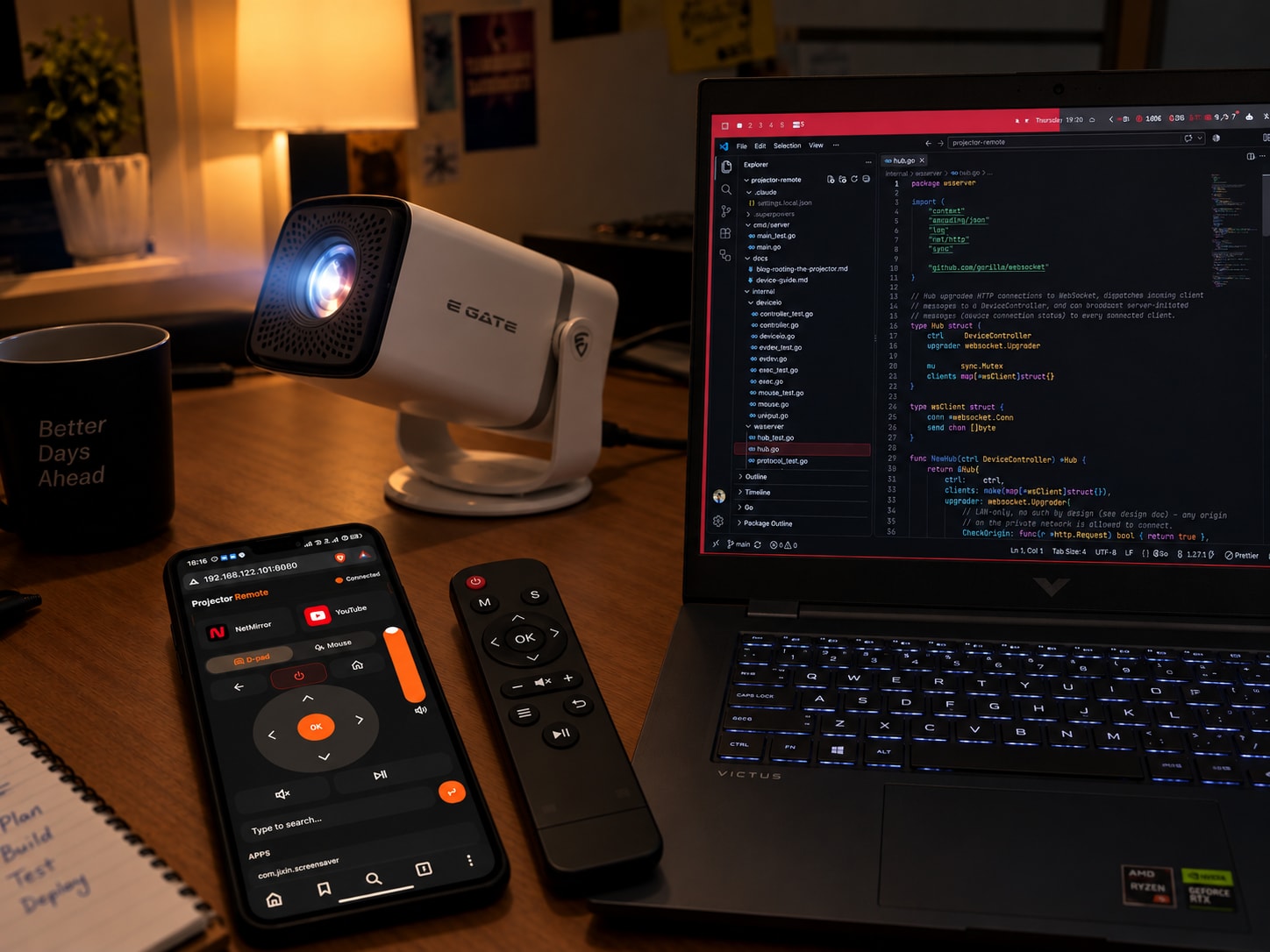 A projector rooted and rewired into a home-brewed remote control server