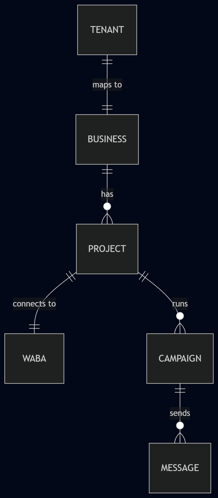 Diagram showing the relationship between tenants, businesses, projects, and WABAs