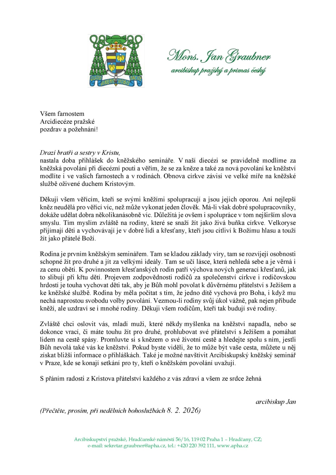 Pastýřský list o přihláškách do semináře