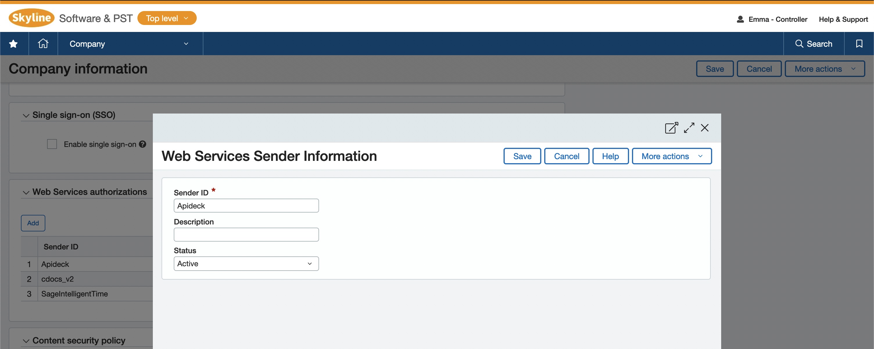 Sender form in Sage Intacct