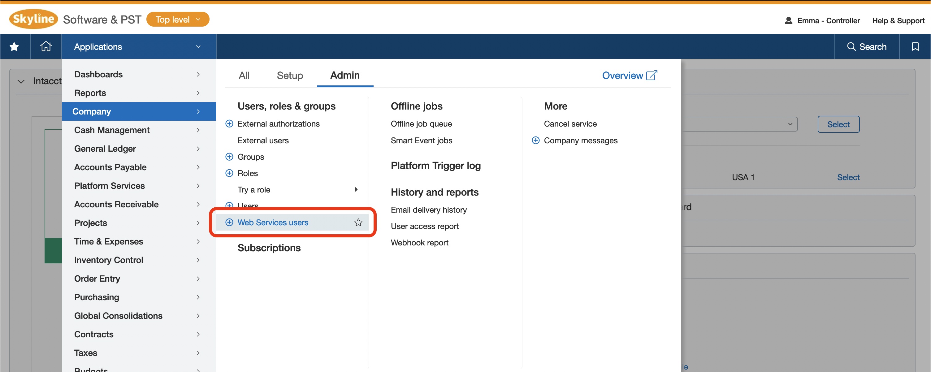 Navigate to Web Services Users in Sage Intacct