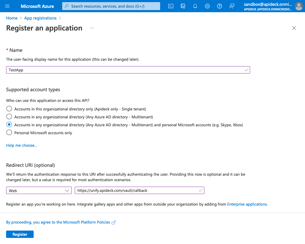 New app registration in Azure