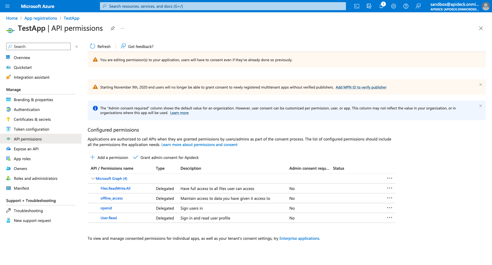 API Permissions for app in Azure