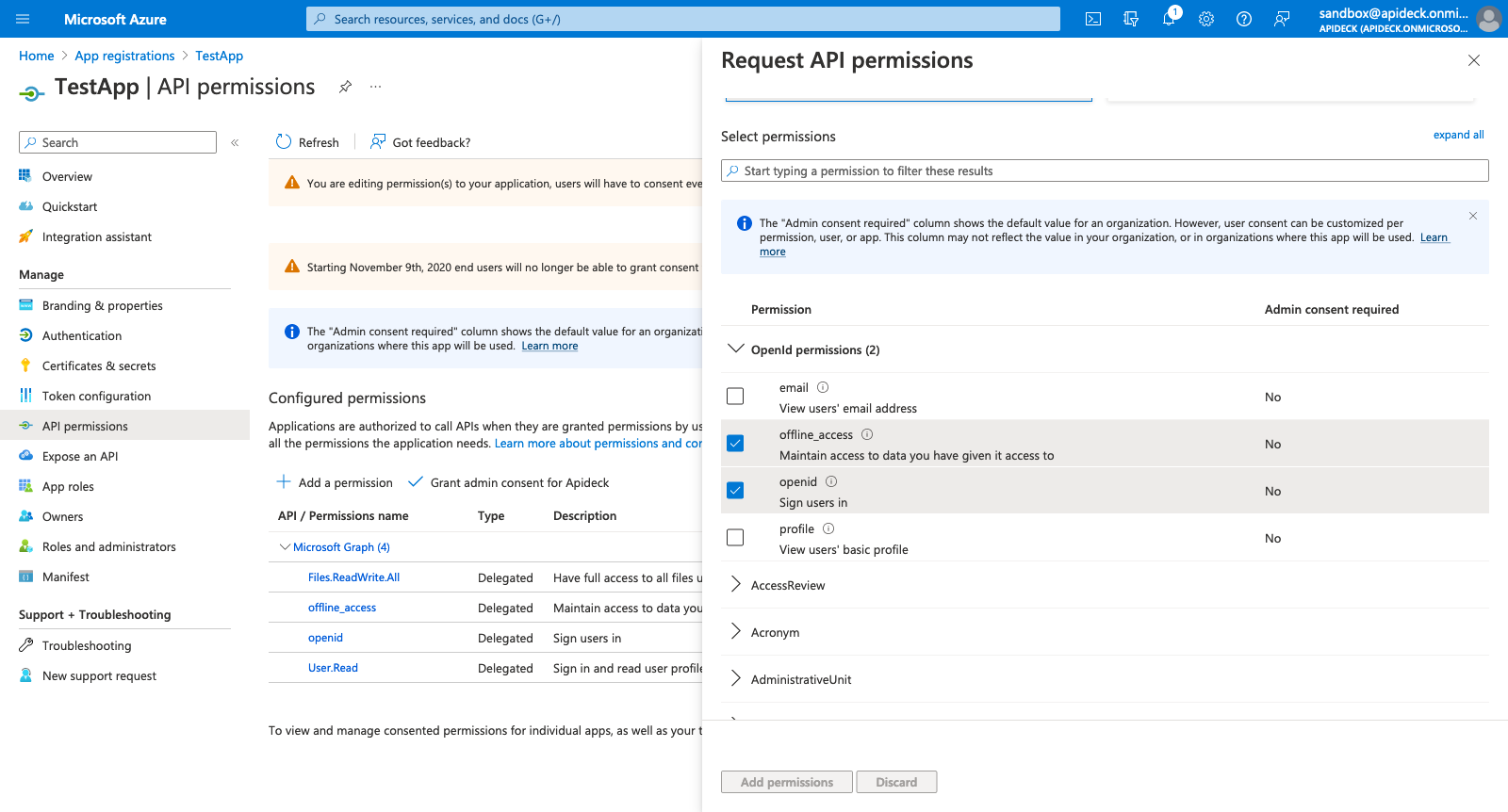 Select Permissions for app in Azure