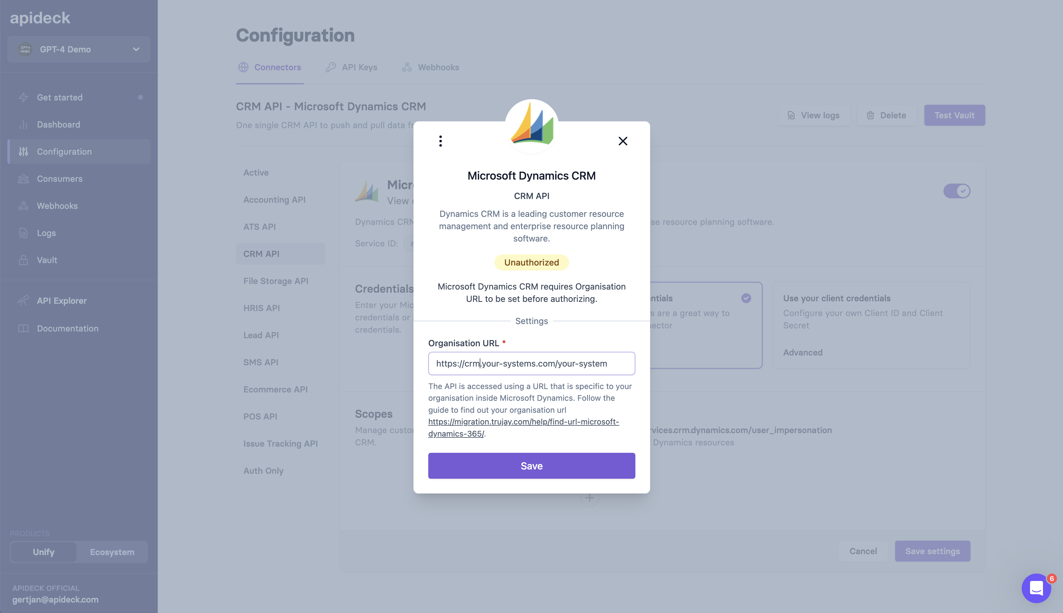 Microsoft Dynamics Vault connection