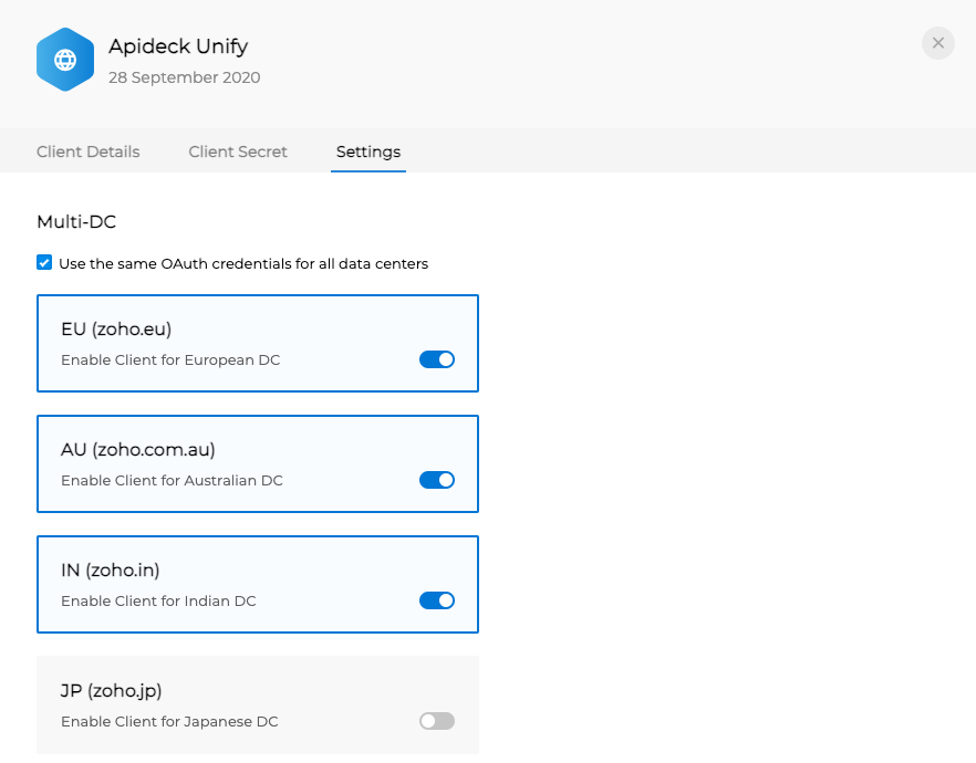 Zoho - Data center settings