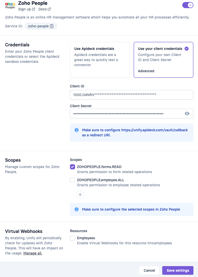 Apideck - Configure OAuth credentials