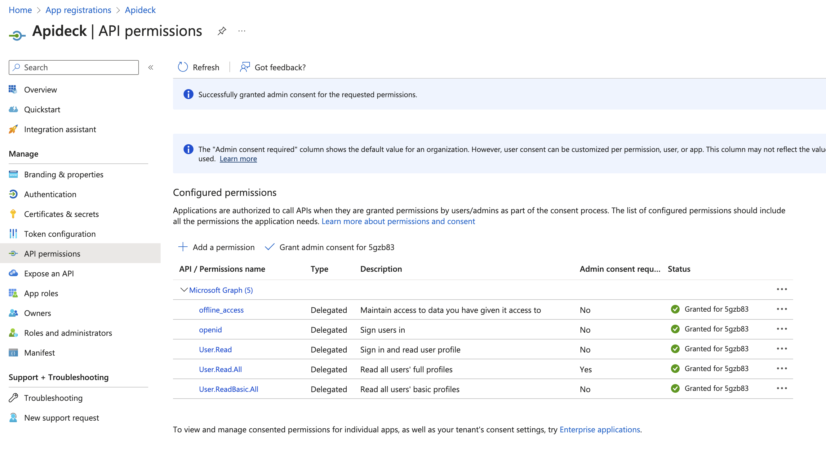 Selected Permissions for app in Azure