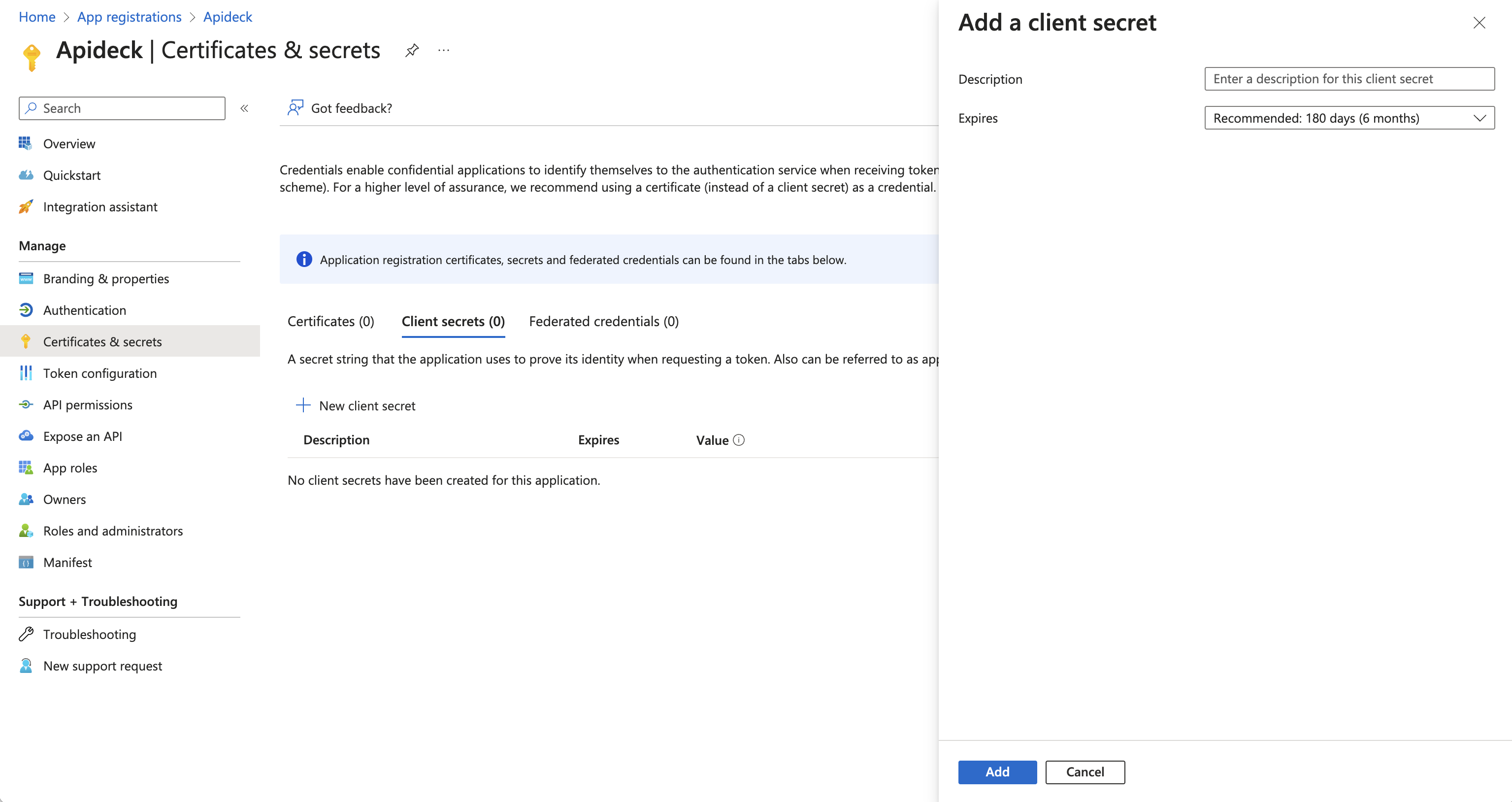 Client secret for app in Azure