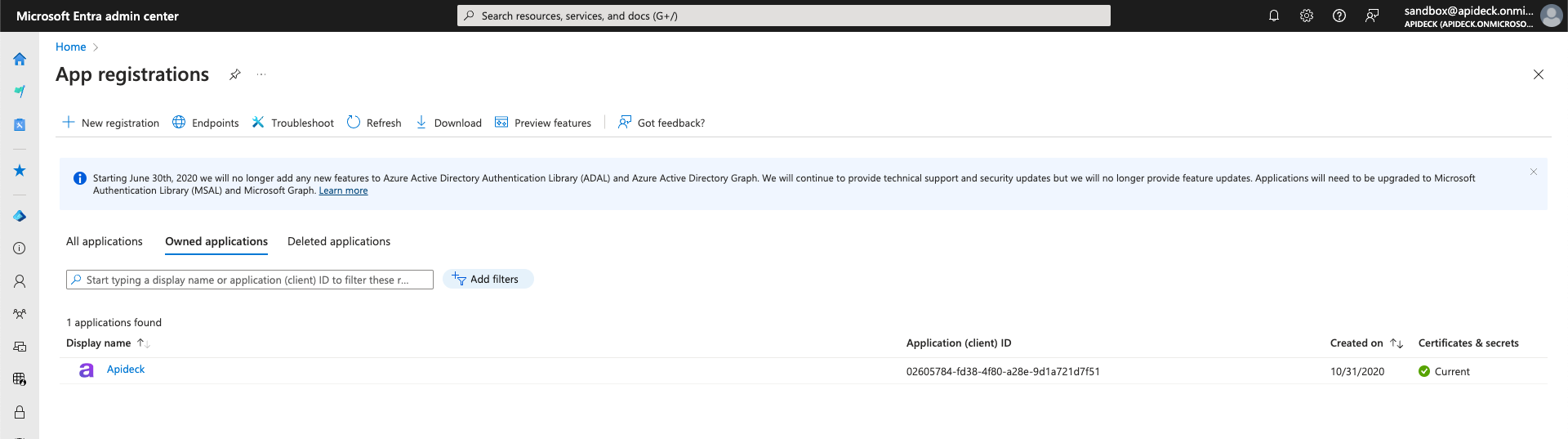 App registrations page in Microsoft Entra