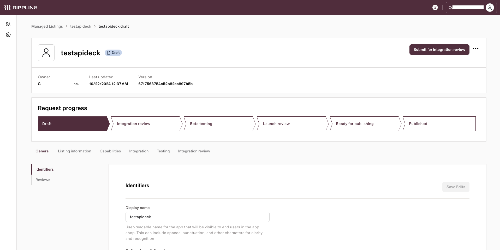 Rippling - Enter the name, description, and other details for the app