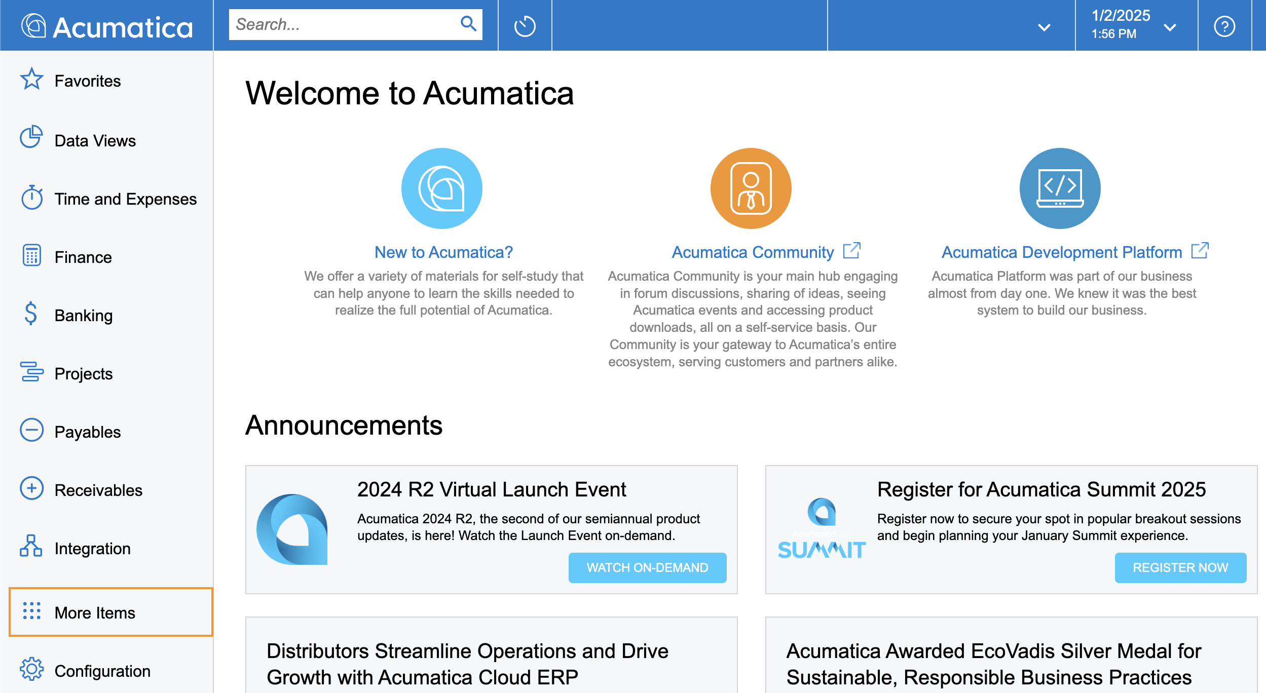 Acumatica More Items Integration page