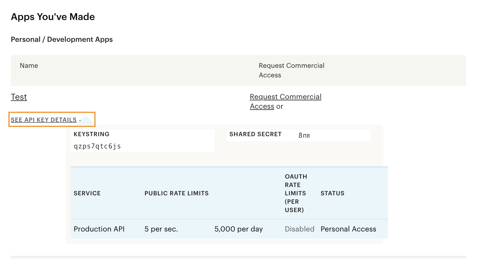 Etsy - API Key Details