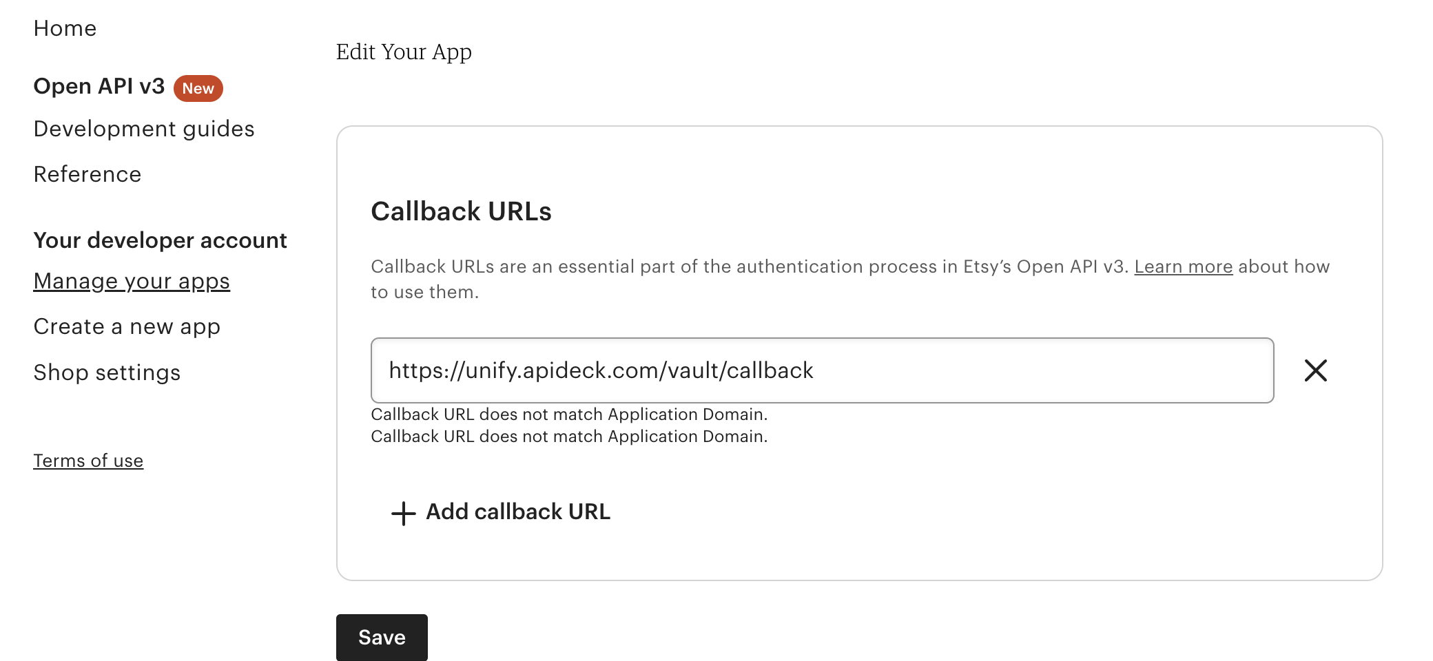 Etsy - Configure Callback URLs