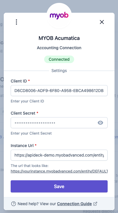 Acumatica Connection Settings