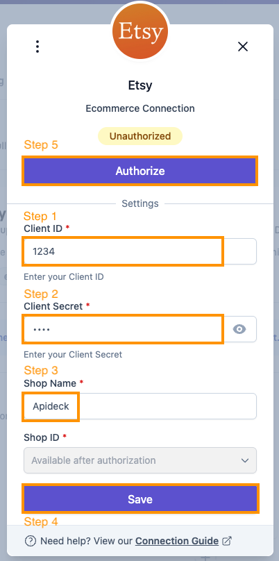 Etsy Connection Settings