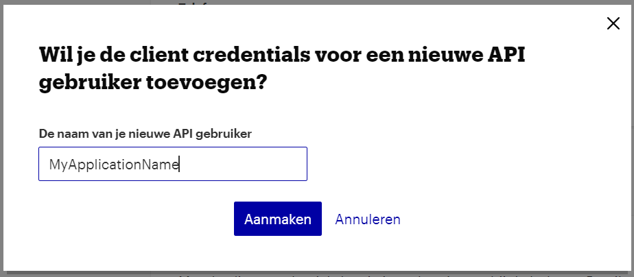 Dialog for naming bol.com Retailer API credentials
