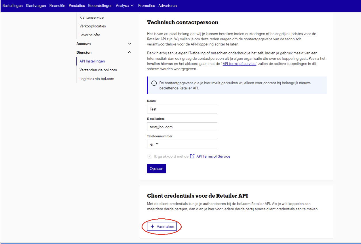 bol.com Client credentials voor de Retailer API section