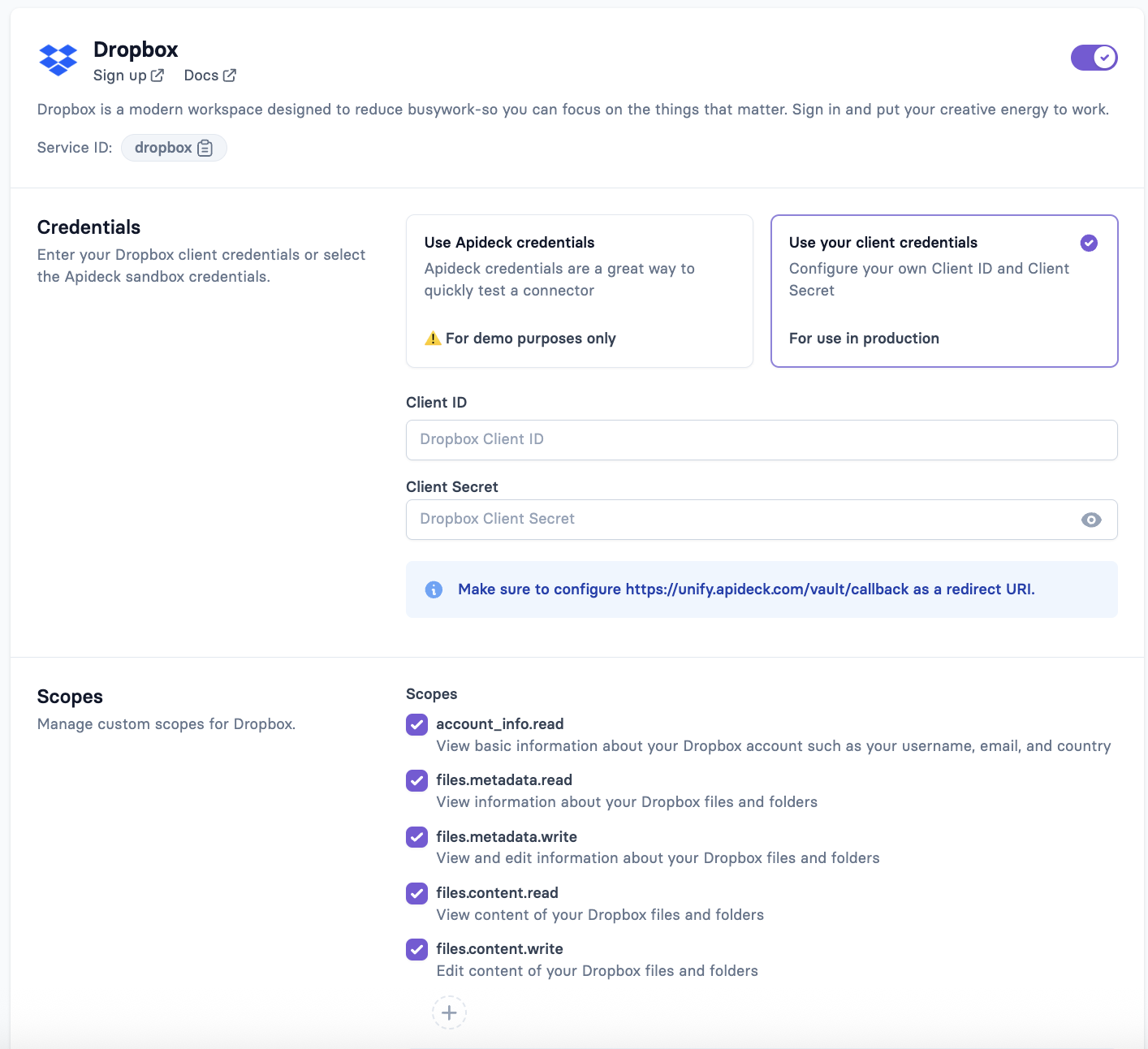 Apideck dashboard Dropbox integration