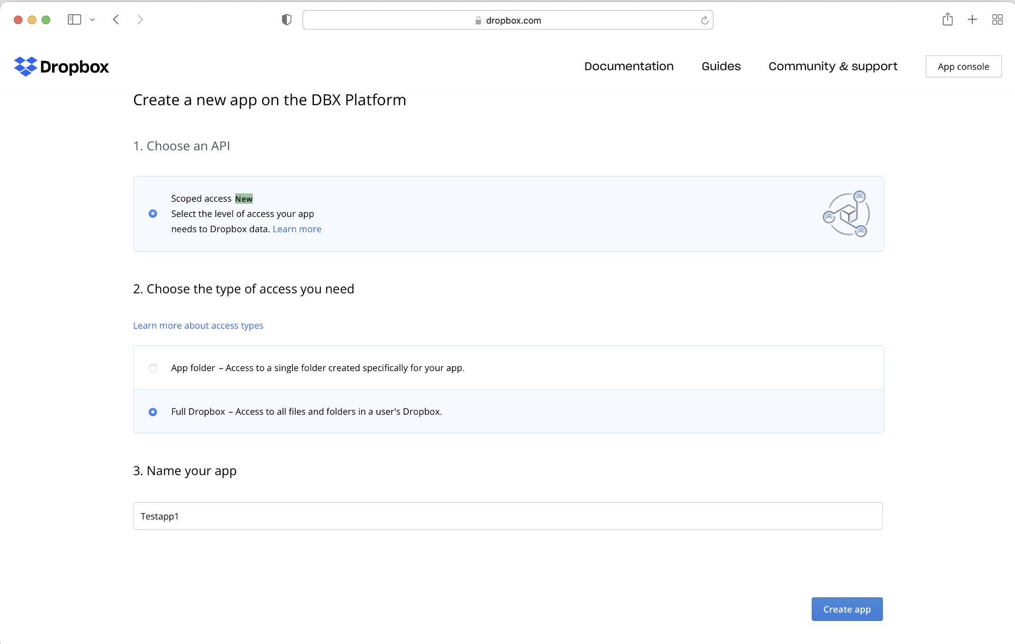 Dropbox create app page
