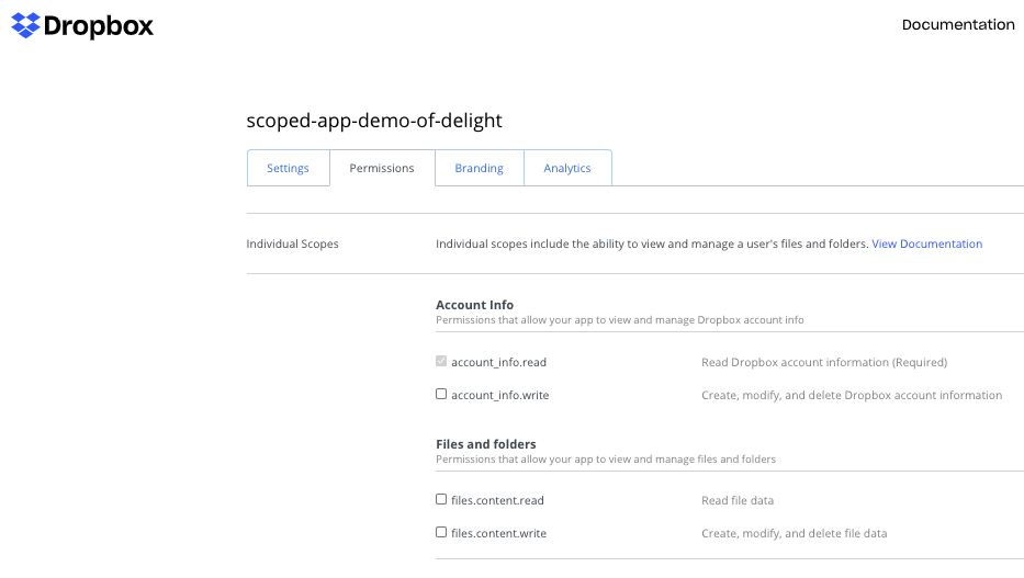 Dropbox permissions tab