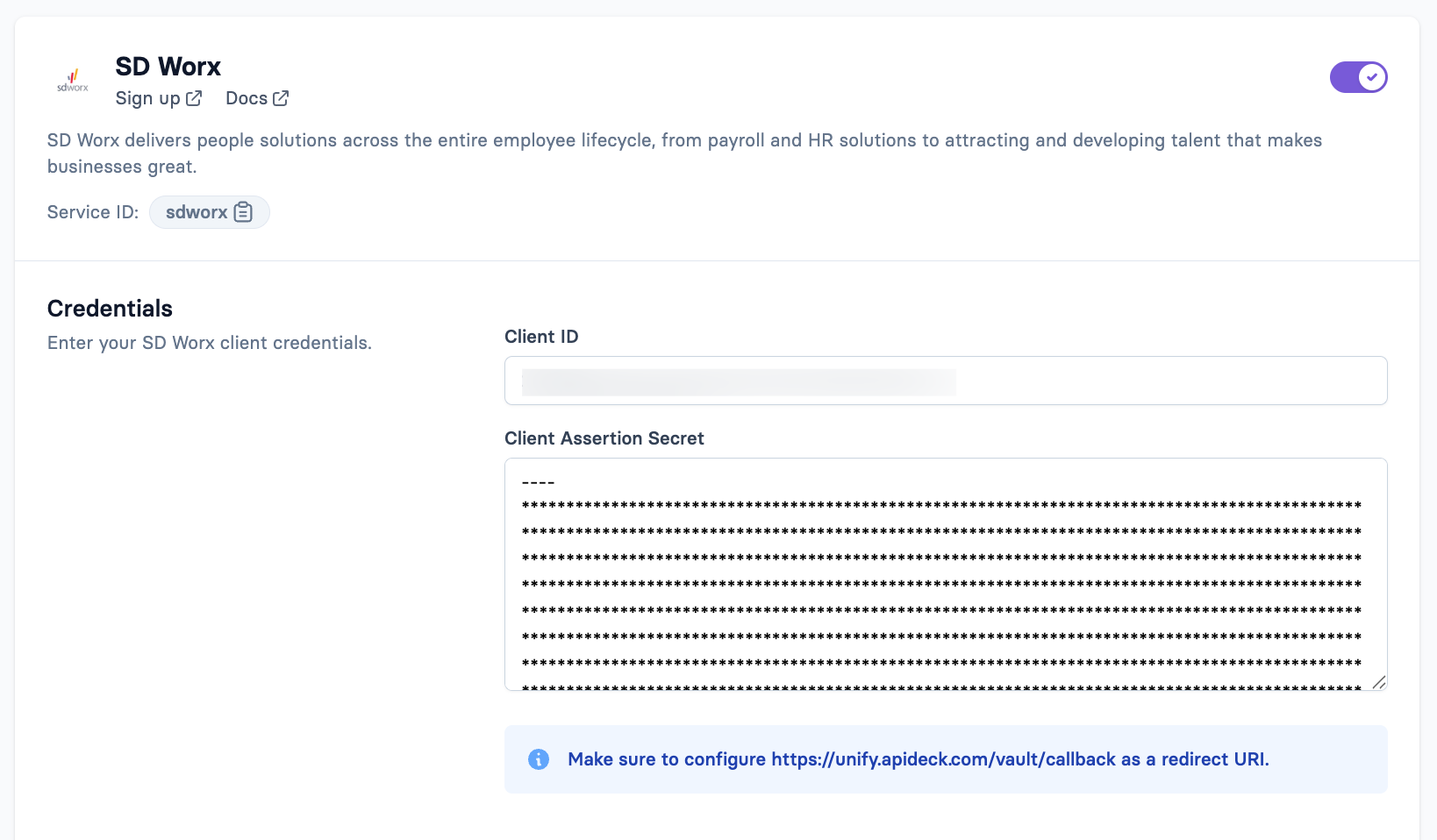 Apideck - Configure SD Worx credentials