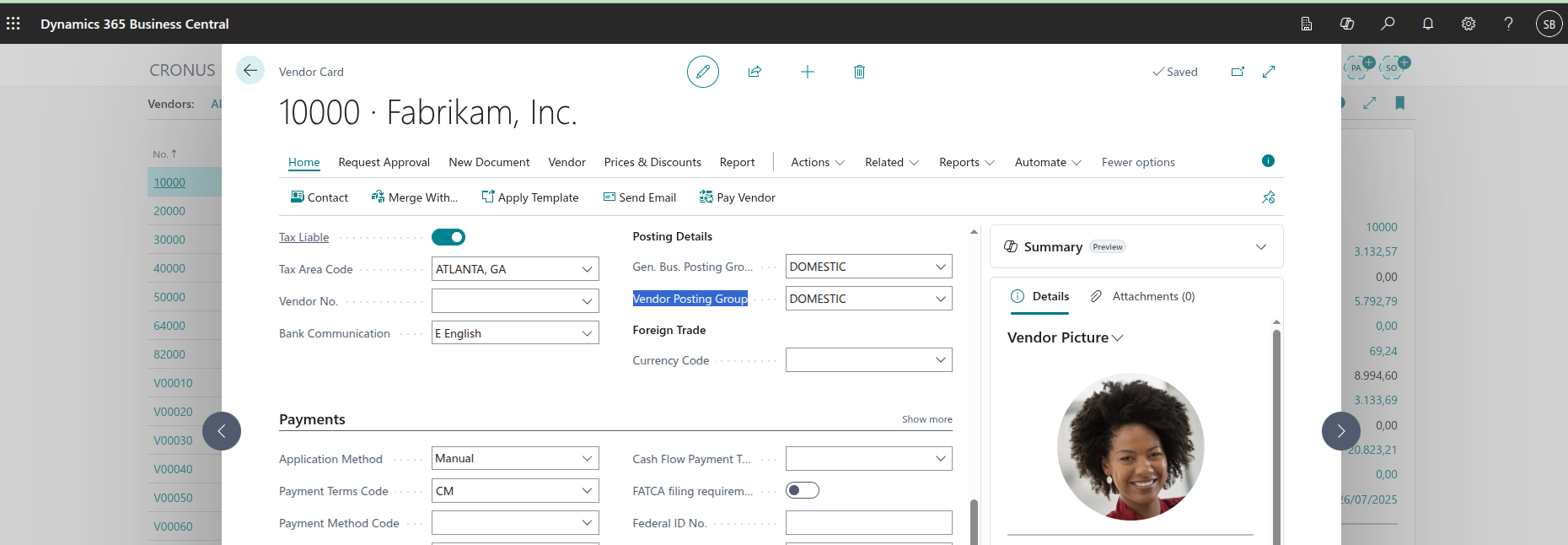 Vendor Card with Vendor Posting Group field