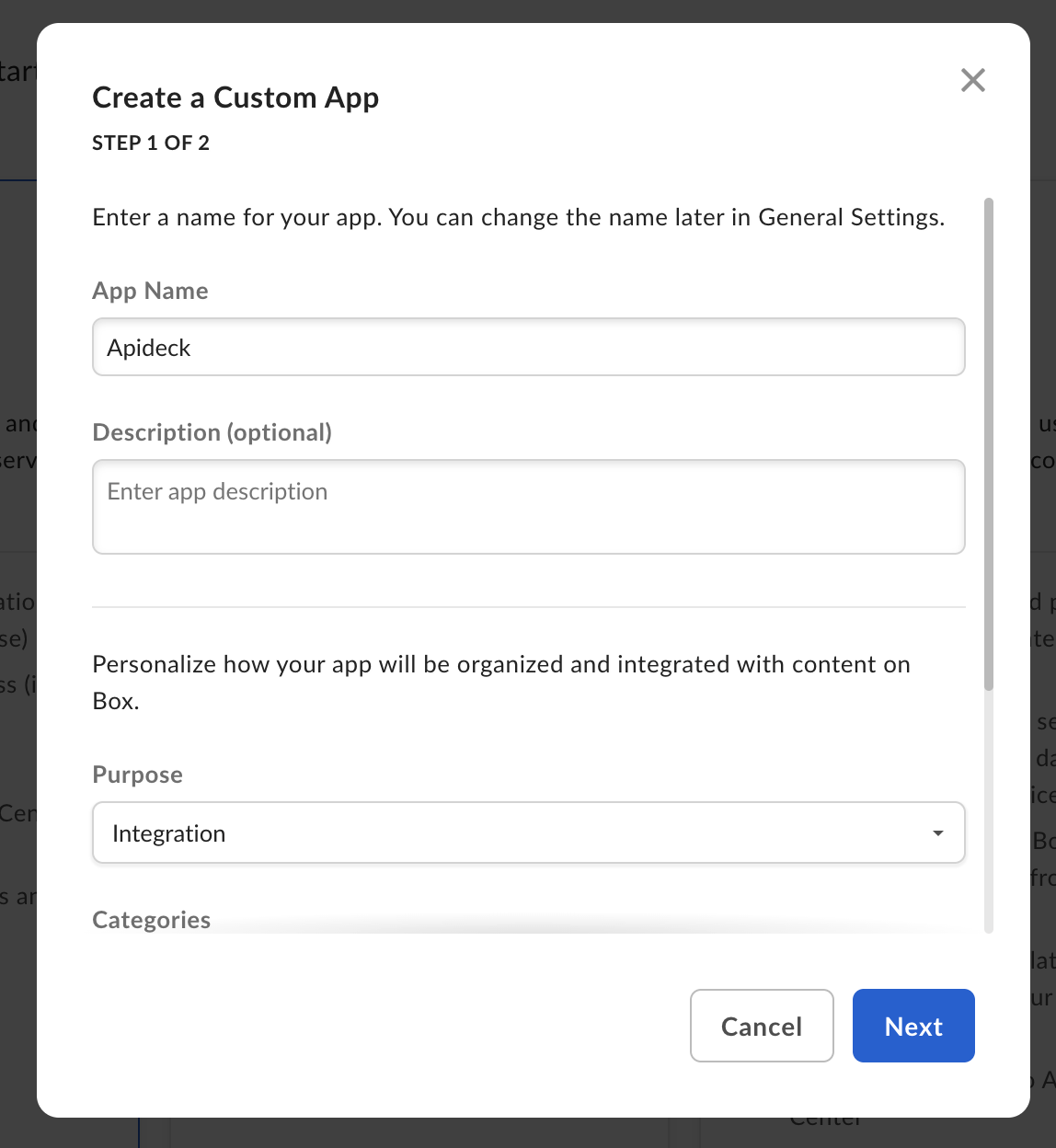 Box App Configuration Step 1
