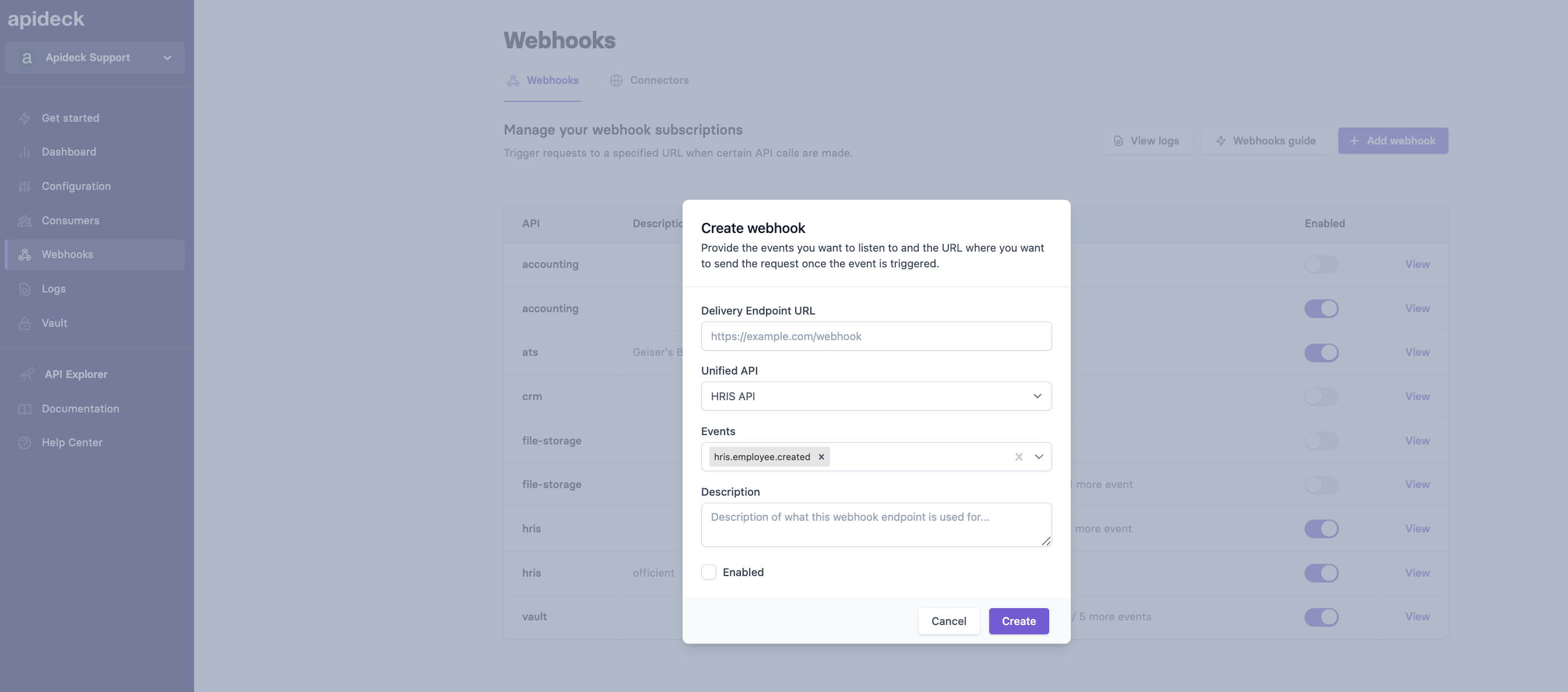 Create Webhook in Dashboard
