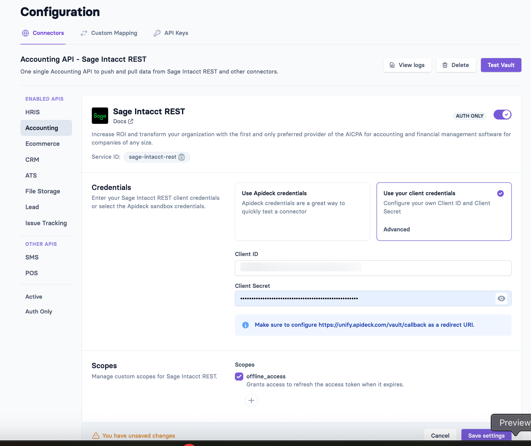 Sage Intacct REST - Configure Connector