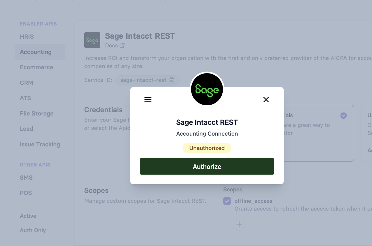 Sage Intacct REST - Connection Unauthorized