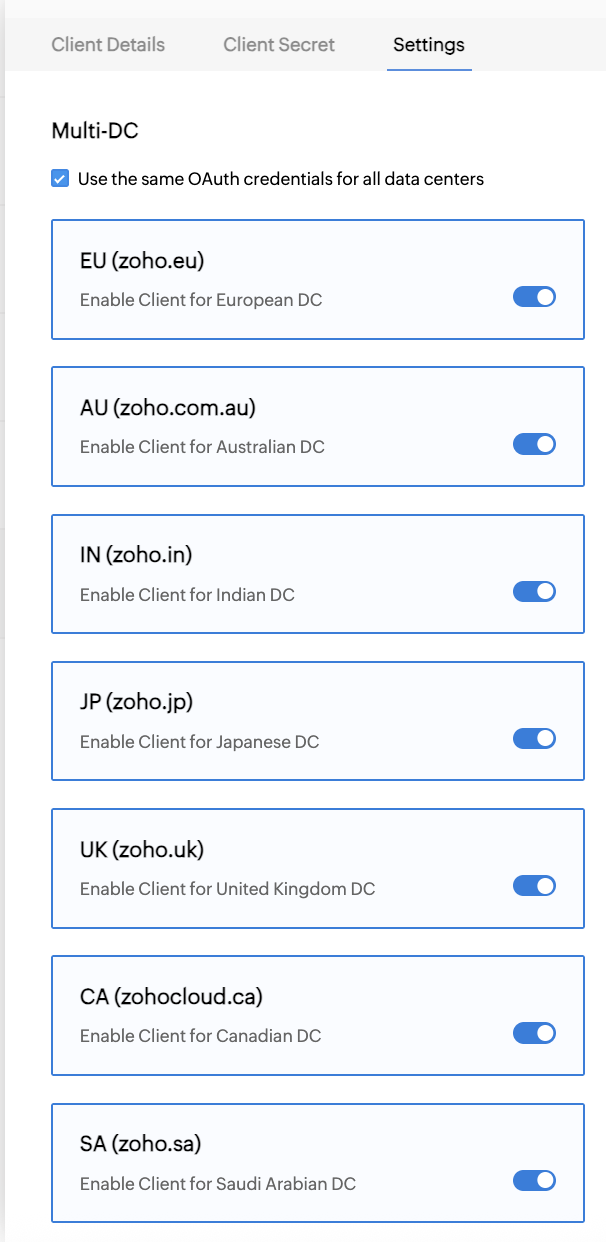 Zoho - Data Center Settings