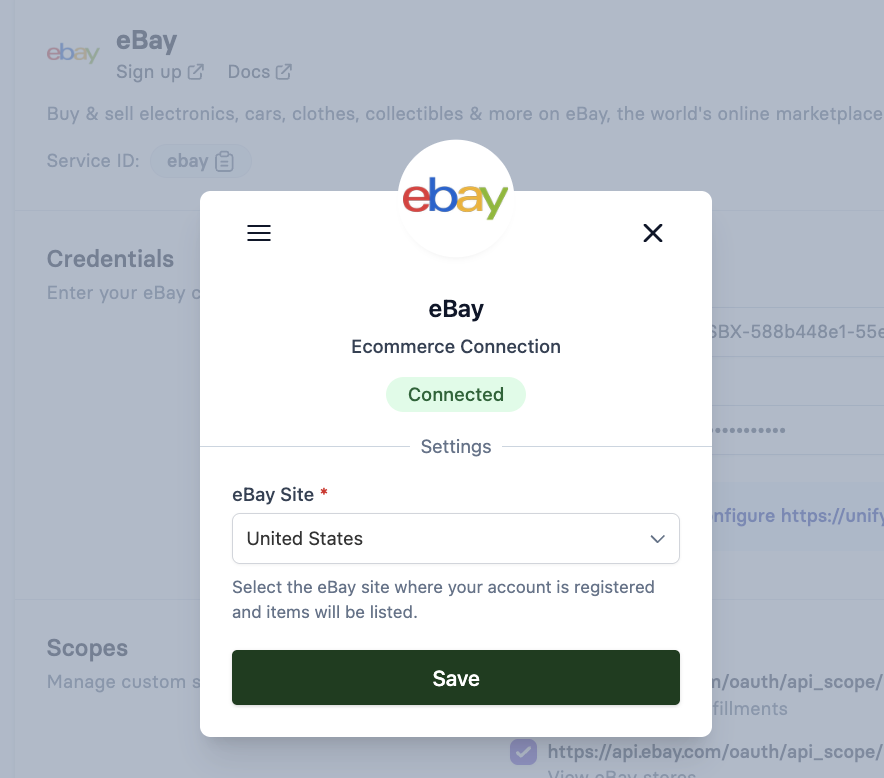 eBay Connection Status