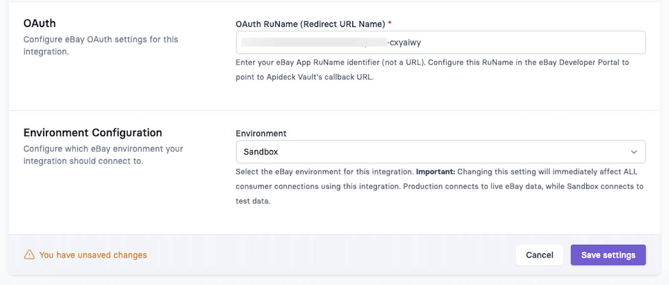 eBay Apideck RuName Configuration