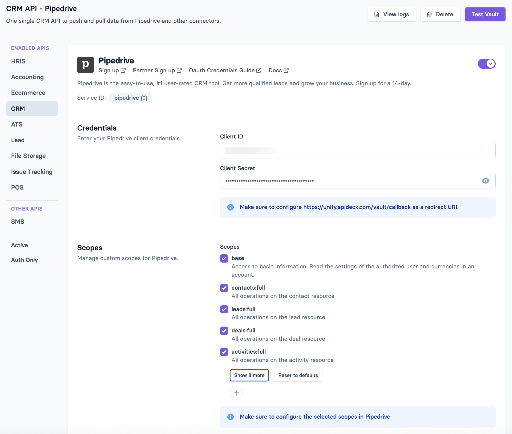 Apideck - Configure OAuth credentials