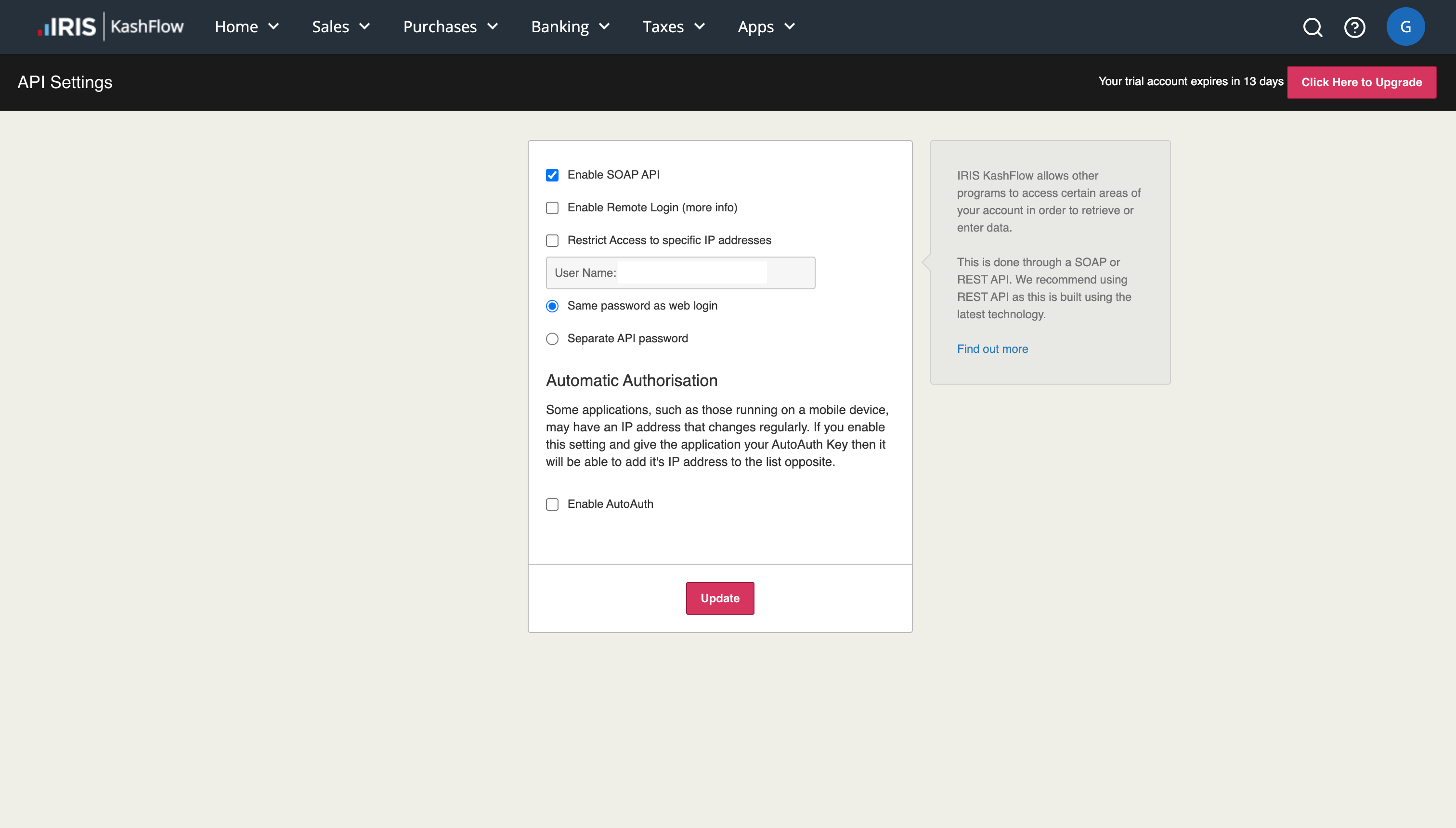 KashFlow API Settings