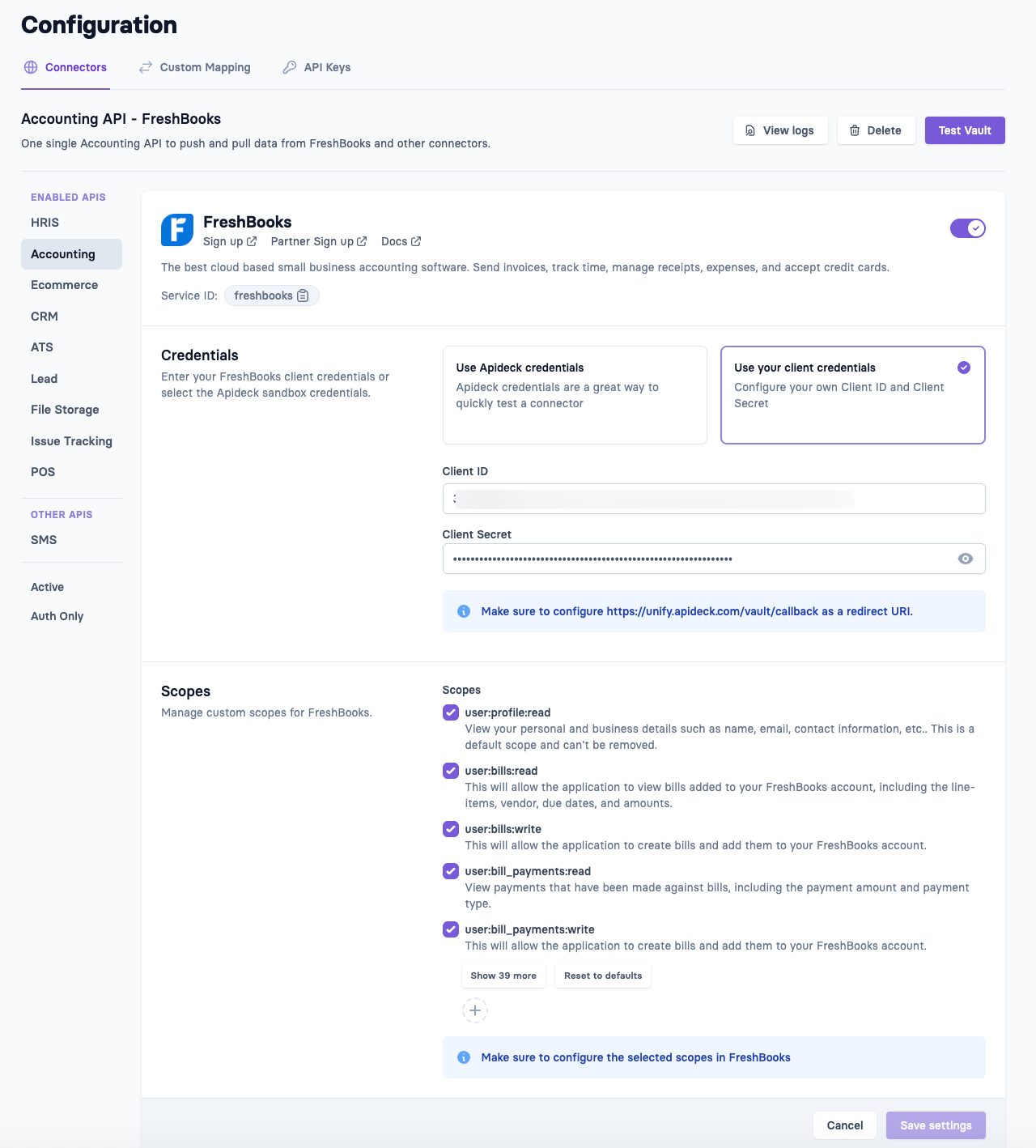Apideck - Configure FreshBooks connector