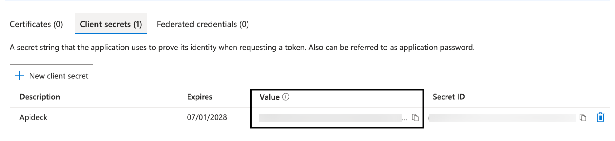 Copy client secret value