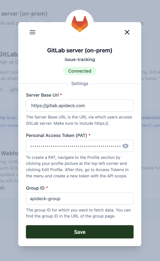 GitLab Server Connection Settings