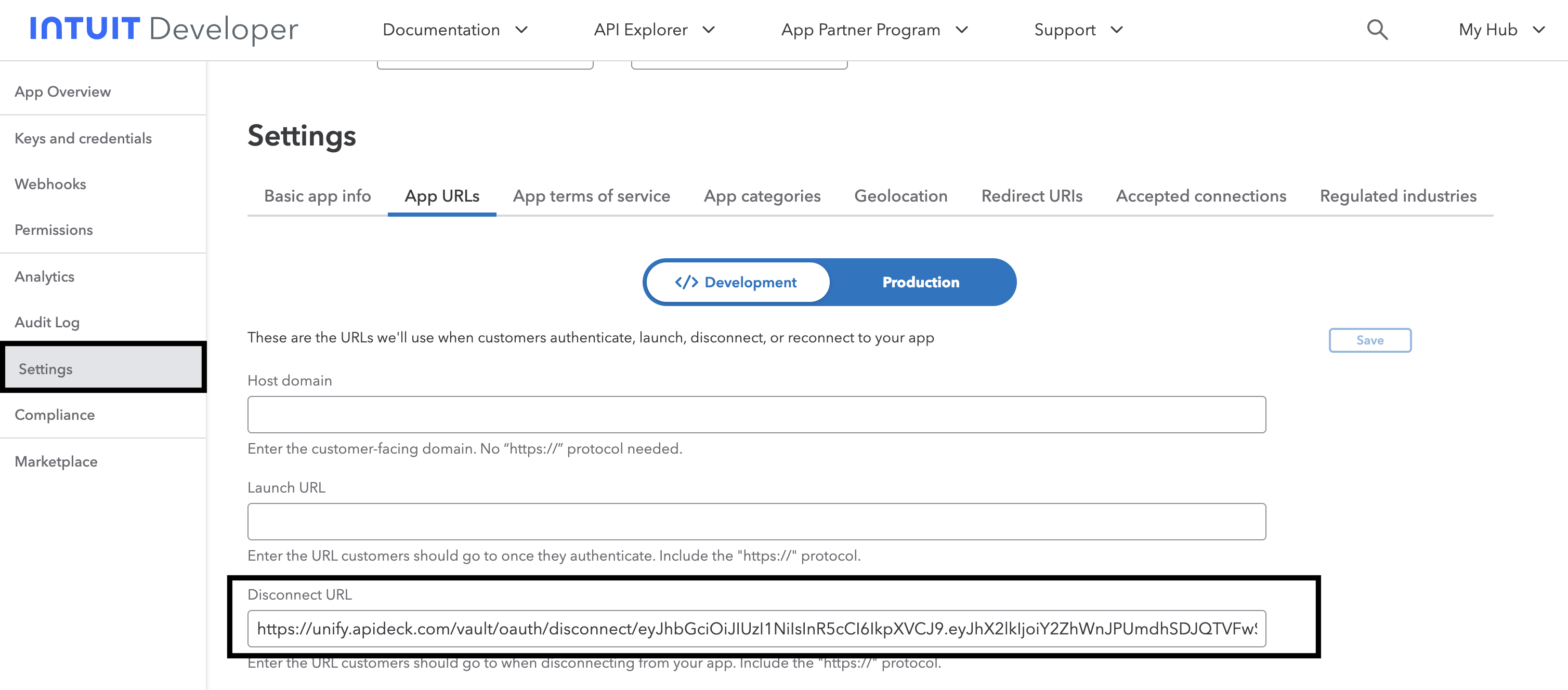 Intuit Developer — App URLs screen with Disconnect URL field