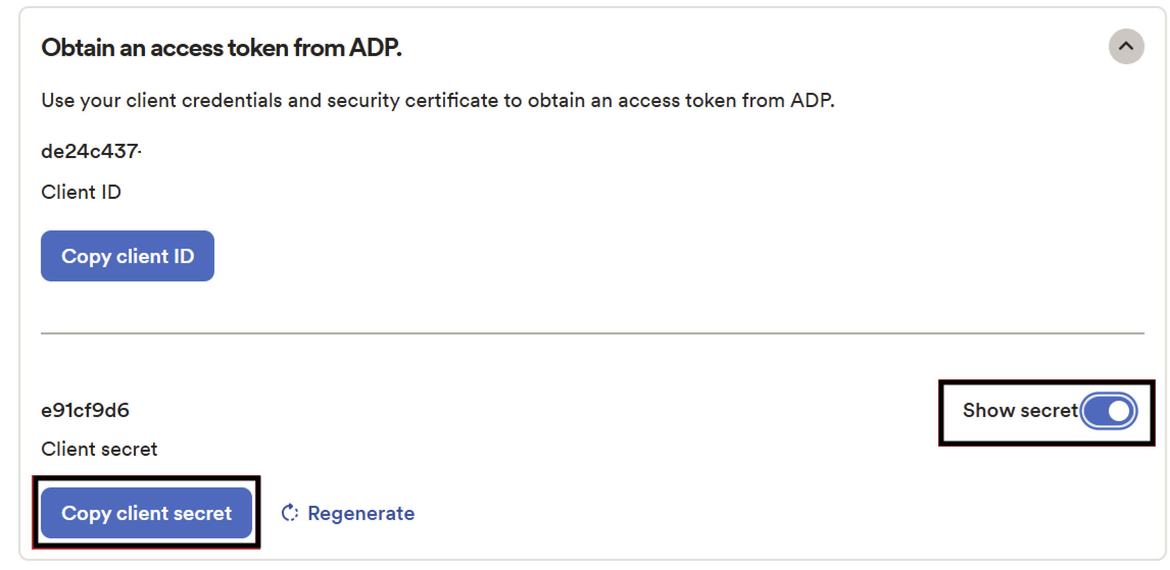 ADP API Central - Copy Client ID and Secret