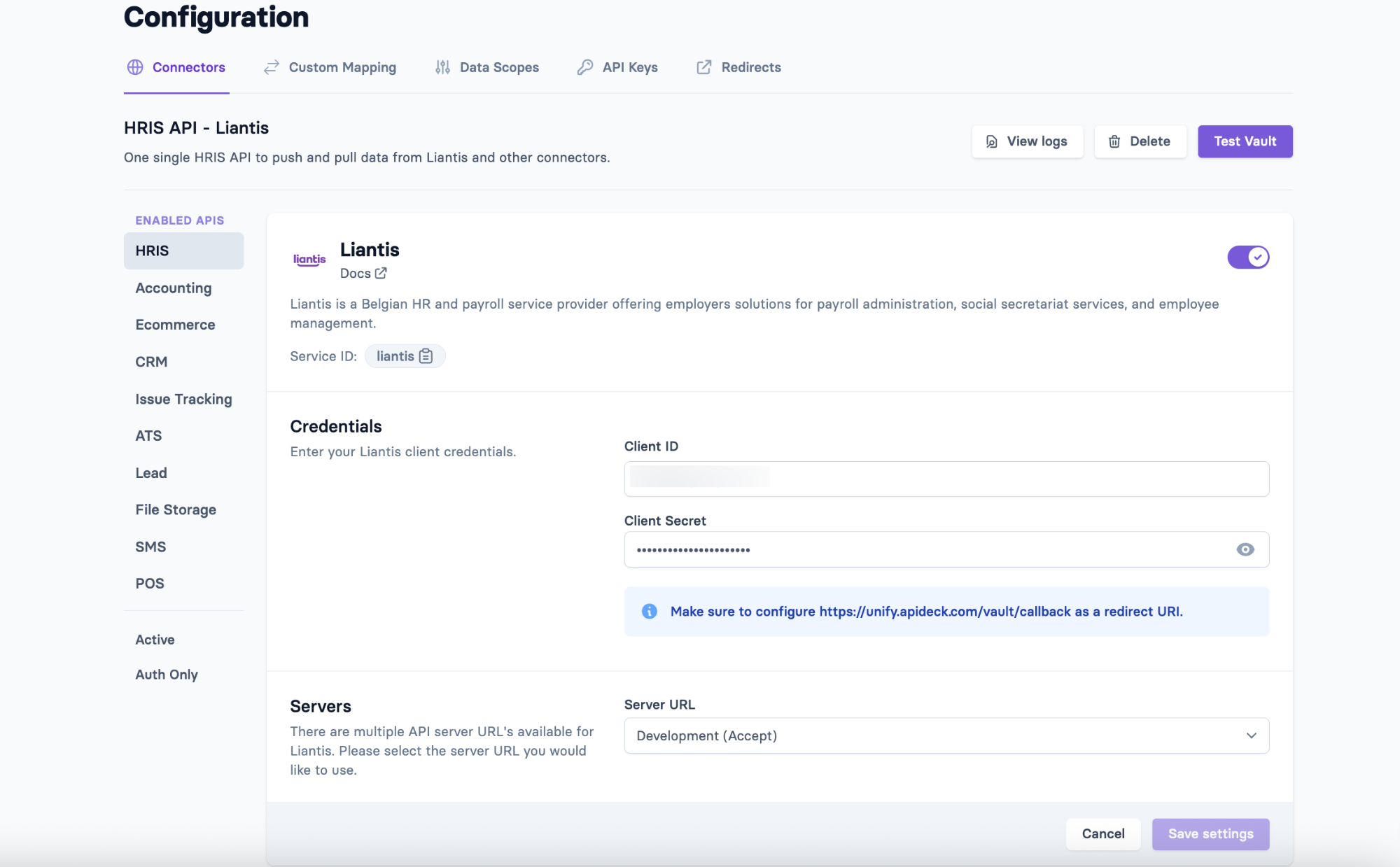 Apideck - Configure Liantis client credentials